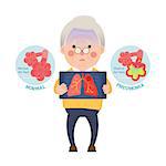 Vector Illustration of Old Man Holding X-ray Image Showing Lung Pneumonia Problem, Cartoon Character