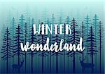 Blue winter forest with fir trees, deer and birds, vector background illustration
