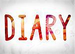The word "Diary" written in watercolor washes over a white paper background concept and theme.
