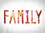 The word "Family" written in watercolor washes over a white paper background concept and theme.