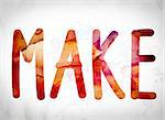 The word "Make" written in watercolor washes over a white paper background concept and theme.