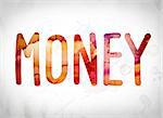 The word "Money" written in watercolor washes over a white paper background concept and theme.