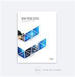 Business cover design, abstract brochure template, report, flyer layout, booklet in A4 with blue triangular zig zag geometric shapes on polygonal background in minimal style. Vector Illustration.