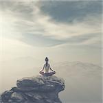 The young woman doing yoga at the top of the mountain. This is a 3d render illustration