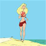 Athletic woman runs along the beach, hand drawn line art illustration. A healthy way of life. Beautiful blonde girl