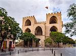 VALENCIA, SPAIN - SEPTEMBER 24, 2014: Serrano Gate or Serranos Towers. Its old medieval city wall. It was built in Valencian Gothic style at the end of the 14th century. Valencia, Spain.