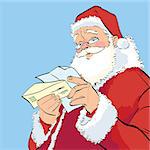 Santa Claus reading a Christmas letter, hand drawn line art illustration