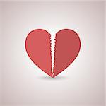 Icon red, paper, broken heart with shadow, flat style, isolated on a light background, vector illustration.