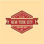 Hexagonal emblem with the text of the city of New York in a retro style, isolated on a yellow background, vector illustration.