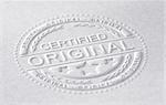 3D illustration of an embossed stamp with the text certified original, paper background, horizontal image. Concept of authenticity.