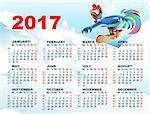 Blue Rooster on snowboard. Calendar with cock symbol 2017. Vector cartoon illustration