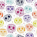 Vector cartoon flat Day of the Dead seamless pattern. Ethnic Mexican sugar skulls background