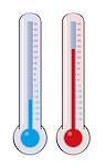 Two thermometers with different measured temperature. Illustration of thermometers isolated on white background with cold and warm temperature.