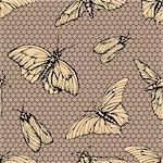 Vector seamless pattern with butterflies on net . Stylish graphic lattice texture. Repeating print in yellow color old-styled background.