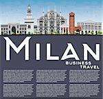 Milan Skyline with Gray Landmarks, Blue Sky and Copy Space. Vector Illustration. Business Travel and Tourism Concept with Historic Buildings. Image for Presentation Banner Placard and Web Site.