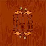 Hand-sketched typographic element with acorns and text on wooden background. Fall is in the air