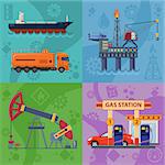 Oil industry Square Banners with Flat Icons extraction production and transportation oil and petrol with gas station, rig and barrels. vector illustration.