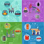 Oil industry Square Banners with Flat Icons extraction refinery and transportation oil and petrol with gas station, rig and barrels. vector illustration.