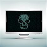 Programming blue code shows hacker skull on white computer monitor on light mesh background. Hacked computer