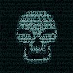 Programming code shows blue smiled hacker skull with red eyes on dark screen background. Computer was hacked