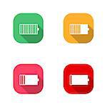 Set of square icons battery charge level, low, medium, full. Flat style with a long diagonal shadow, the horizontal arrangement of power supply components. Isolated on white background, stock vector.