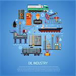 Oil industry Concept with Flat Icons extraction Refinery and transportation oil and petrol with oilman, rig and barrels. vector illustration.