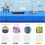 Oil industry Infographics with Flat Icons extraction refinery and transportation oil and petrol with oil pump, oil platform and cargo tank. vector illustration.