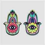 Colorful bright candycolor hamsa Fatima hand protection symbol on white background