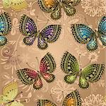 Seamless beige pattern with bright colorful butterflies and bright lace floral pattern, vector