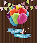 Happy Birthday Card Template with Balloons, Ribbon and Candle Vector Illustration EPS10