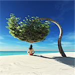 Young woman practicing yoga at seashore under a tree. This is a 3d render illustration
