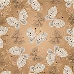 Seamless beige pattern with white and brown butterflies, vector