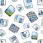 Bright blue file icons with extensions on white, seamless pattern