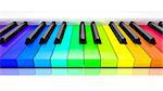 3d rendering of a piano with rainbow colored keys background