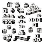 Set of black and white sushi icons vector illustration