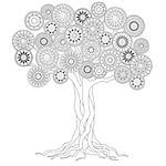 hand drawn decorated tree of mandalas in boho ethnic style. Image for  antistress adult coloring book, decorate bags, tunics, dress. eps 10.