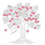 hand drawn decorated tree of love in boho ethnic style. Image for valentine day card, antistress adult coloring book, decorate bags, tunics, dress. eps 10.