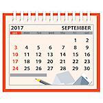 Flat  modern design of page of  the desk business calendar on the september 2017 with business icons. Week starts on Sunday. EPS 10.