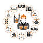 Oil industry extraction production and transportation oil and petrol Concept Two Color Icons Set with oilman, rig and barrels. Isolated vector illustration.