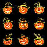 Set of halloween pumpkins with hat and different variations of facial emotions. Vector illustration