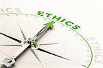 compass with needle pointing the word ethics. Conceptual 3d illustration of business integrity and moral