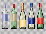 Vector set of colored transparent glass alcohol bottle with caps for wine mockup ready for your design