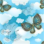 Seamless spring pattern with butterflies and translucent clouds in the sky, vector eps10