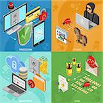 Internet security square banners with isometric flat icons like hacker, virus, antivirus, protection and spam. vector illustration.