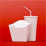 Box for french fries and soda cup on red background