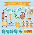 Hanukkah sticker pack. Hanukkah Icons with Menorah, Torah, Sufganiyot, Olives and Dreidel. Happy Hanukkah Festival of Lights, Feast of Dedication flat icons, stickers. Vector illustration