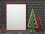 Mock-up red canvas frame, and Christmas trees. 3D render illustration on black triangulated background