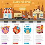 Online internet shopping concept with flat Icons Set for e-commerce marketing and advertising with shop, delivery, sale, storage and house. vector illustration