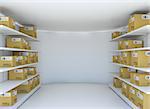 White room with steel shelves and cardboard boxes. 3D illustration