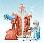 Russian Father Frost, Snow Maiden, blue rooster symbol 2017 and fawn. Vector template illustration for greeting card